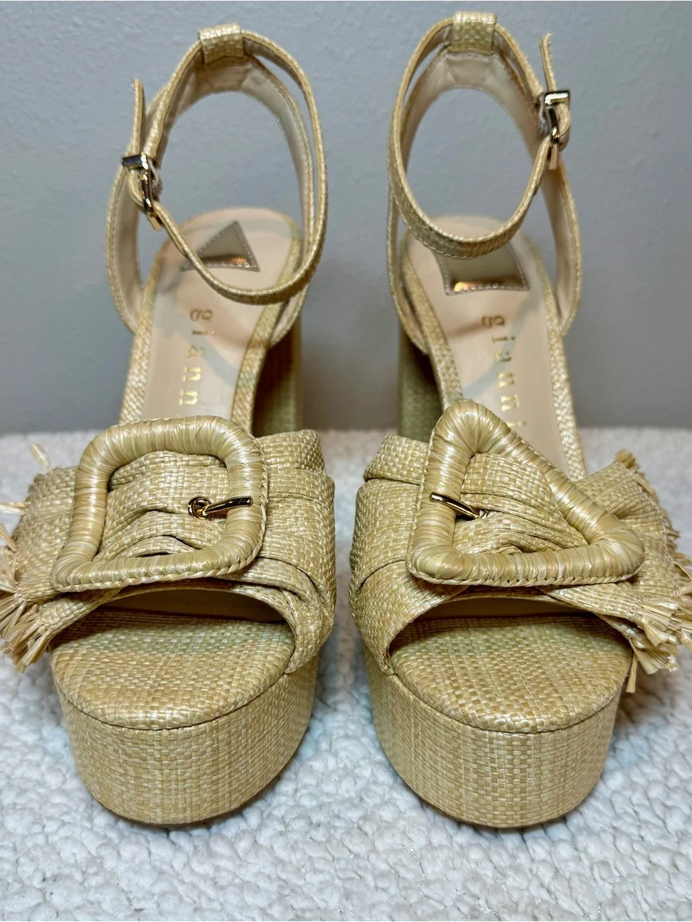 Gianni Bini Raffia Mismatched Buckle Platform Heels